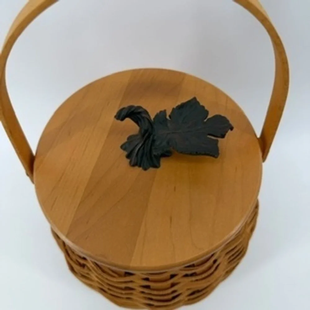 Longaberger Woodcrafts Woven Barrel Basket with Wood Lid and Metal Leaf Handle